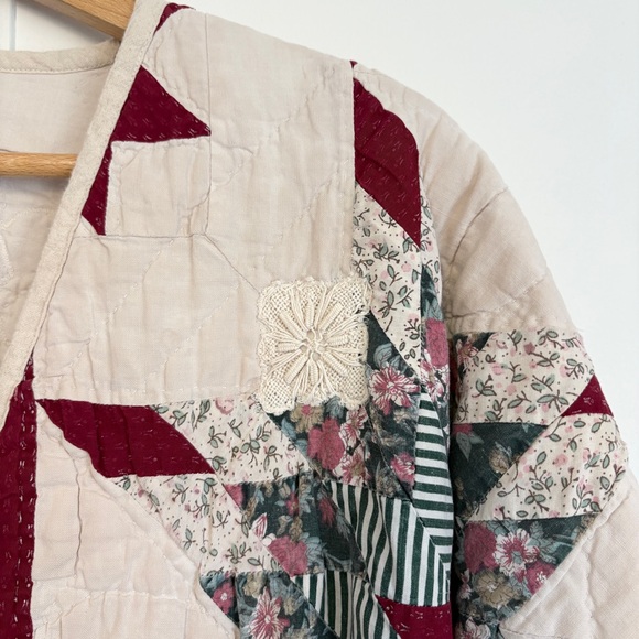 Hand Crafted Quilted Patchwork Jacket in Cream and Burgundy - Picture 2 of 16